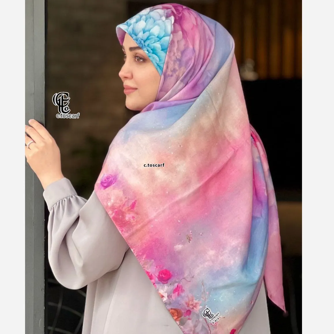 روسری نخ کاستوم طرح درنا سایز 140 صورتی چرخ دوز سیتو