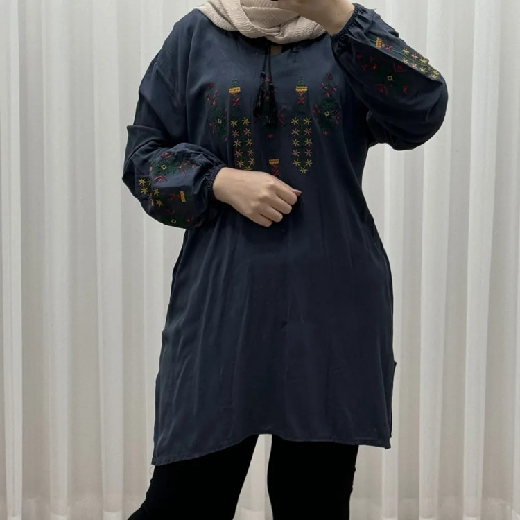 تونیک گلدوزی آی جان نخی شسته شده فری سایز تا 48 چهارفصل کمربنددار بدون آبرفت و رنگ رفت سایه نمیندازد