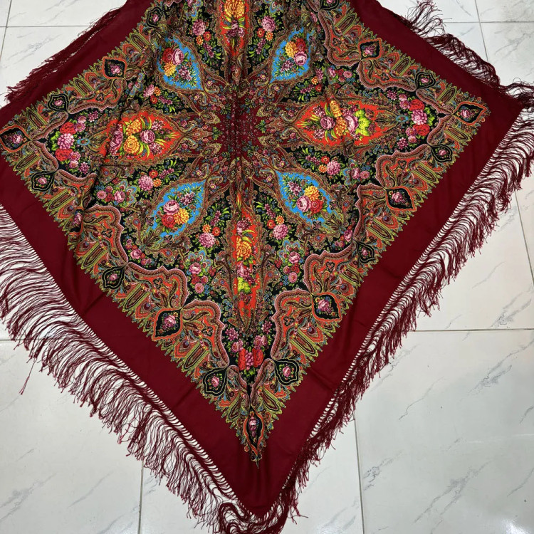 روسری نخی ترکمن قواره بزرگ ریشه دستباف کد 1654 زنانه چهار فصل وارداتی ترکیه