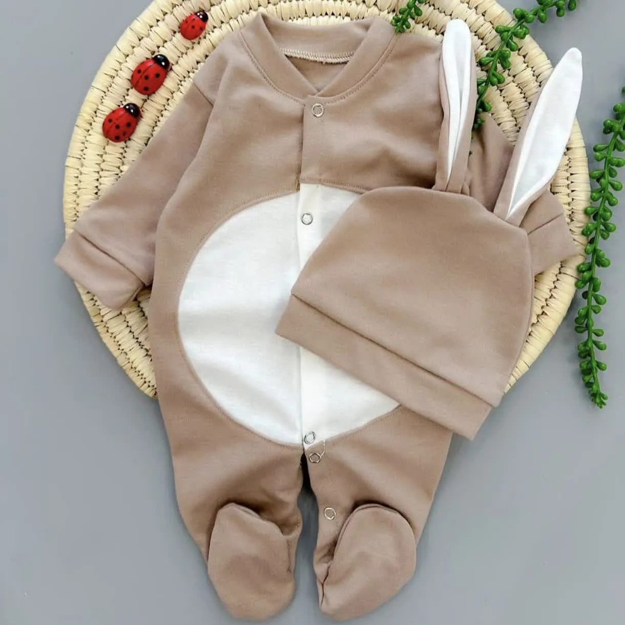 سرهمی و کلاه بیمارستانی خرگوشی پوم دار نوزادی پنبه نرم لطیف سایز 1 و 2