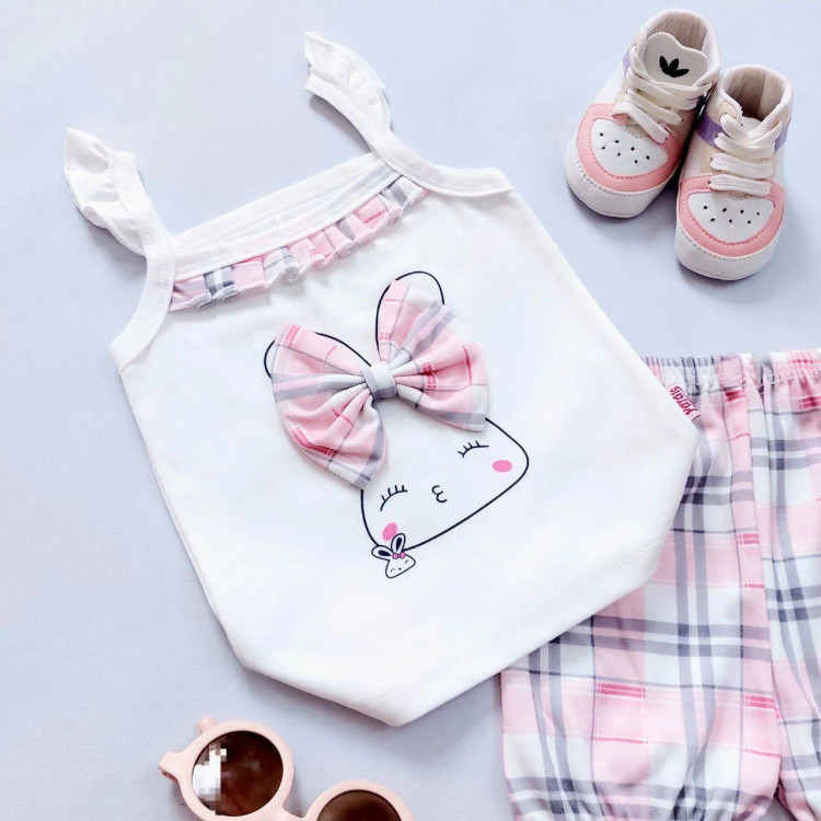 تاپ شورت نوزادی دخترانه طرح خرگوش چهارخونه صورتی جنس پنبه ای