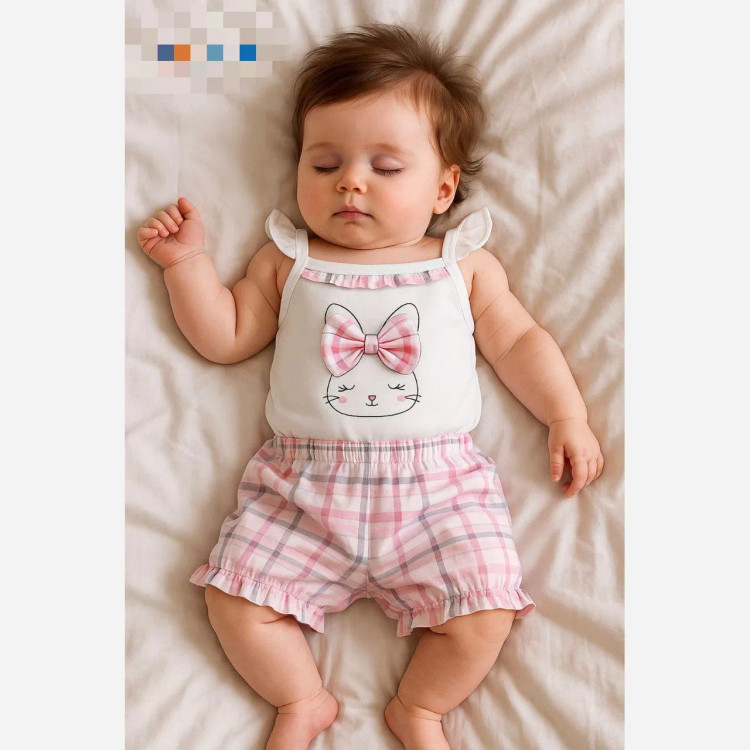 تاپ شورت نوزادی دخترانه طرح خرگوش چهارخونه صورتی جنس پنبه ای