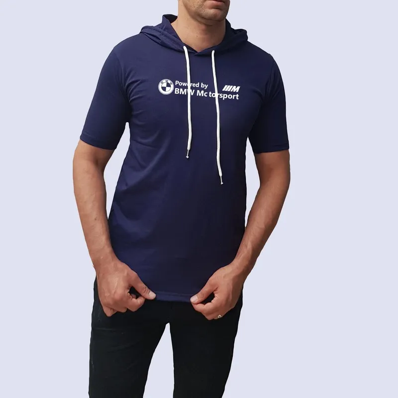 تیشرت کلاه دار آستین کوتاه مردانه طرح BMW سورمه ای نخی اعلا سایز L XL 2XL