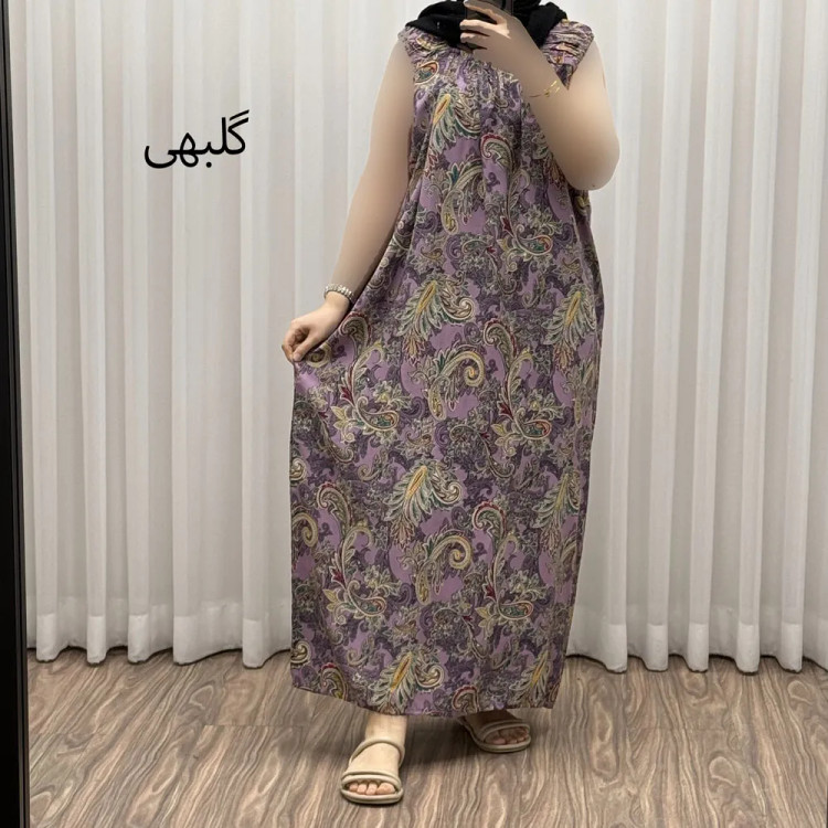 پیراهن نخی شسته شده فری سایز تا 54 آستین حلقه مدل ترمه بدون آبرفت و رنگ رفت کمربنددار چهارفصل