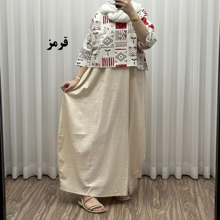 ست کراپ و سارافون لینن زنانه فری سایز مناسب تا 48