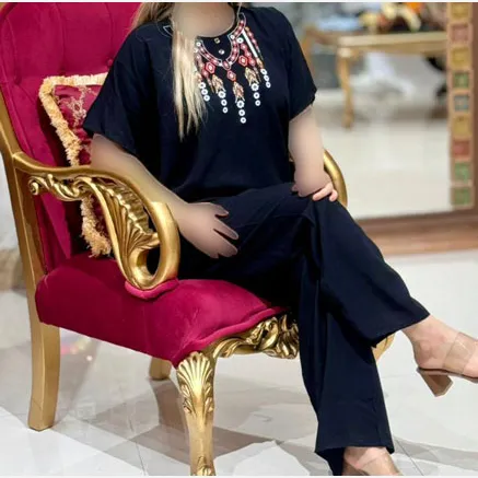 ست تیشرت و شلوار نخی زنانه فری سایز مدل گوزل با کمربند
