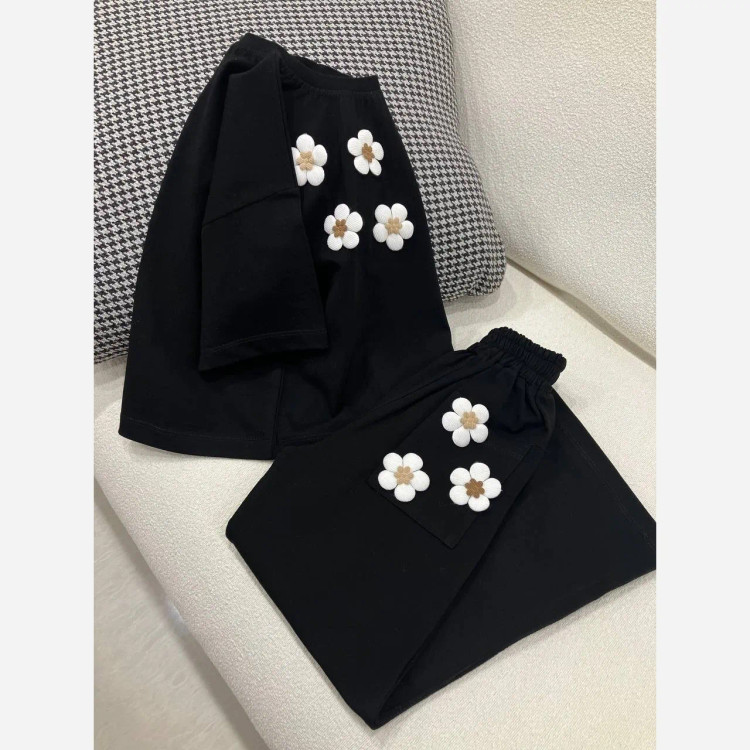 ست کراپ و شلوار دخترانه مشکی نخی سایز 3 تا 9 سال