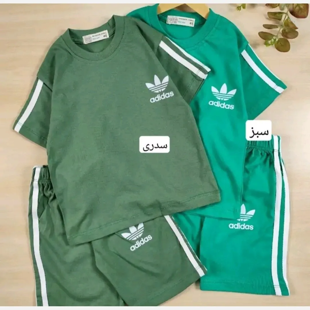ست تیشرت و شلوارک اسپرت بچگانه طرح آدیداس جنس پنبه لاکرا سایز 40 تا 55