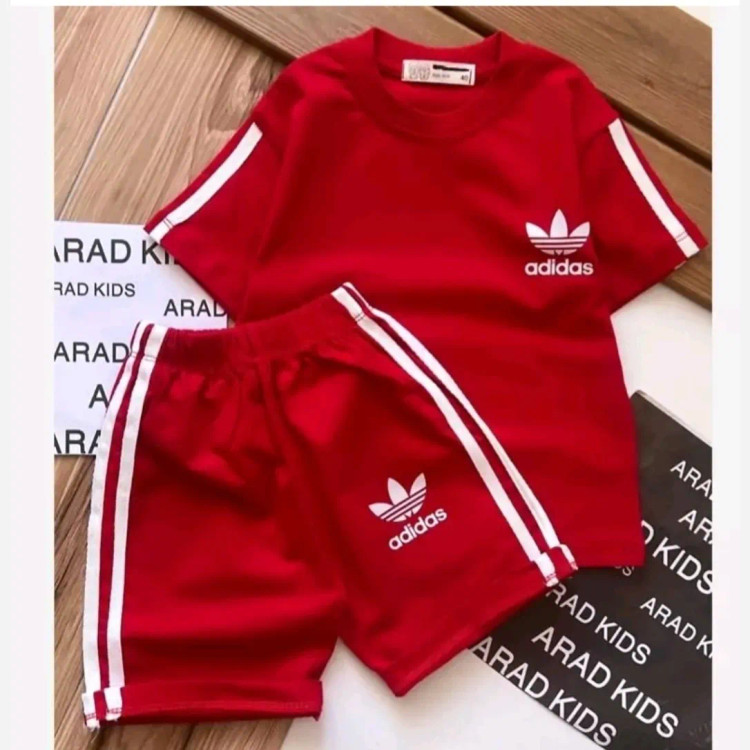 ست تیشرت و شلوارک اسپرت بچگانه طرح آدیداس جنس پنبه لاکرا سایز 40 تا 55