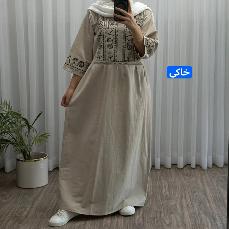 پیراهن زنانه لینن طرح مایا فری سایز مناسب تا 48 با کمربند