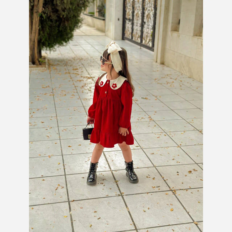 پیراهن دخترانه مخمل کبریتی یلدایی سایز 2 تا 6 سال