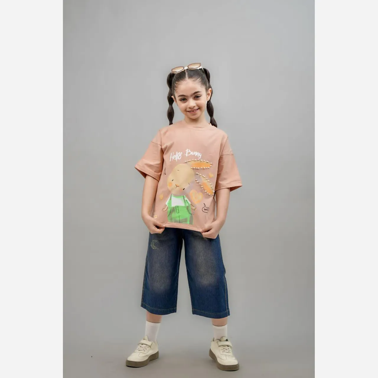 ست تیشرت و شلوارک جین دخترانه مروارید دوزی شده سایز 35 تا 50