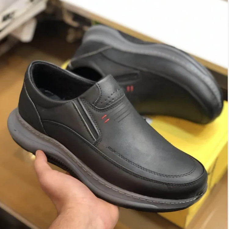 کفش چرم مردانه مدل رونیکس مشکی بدون بند دور دوخت با زیره طبی پیو