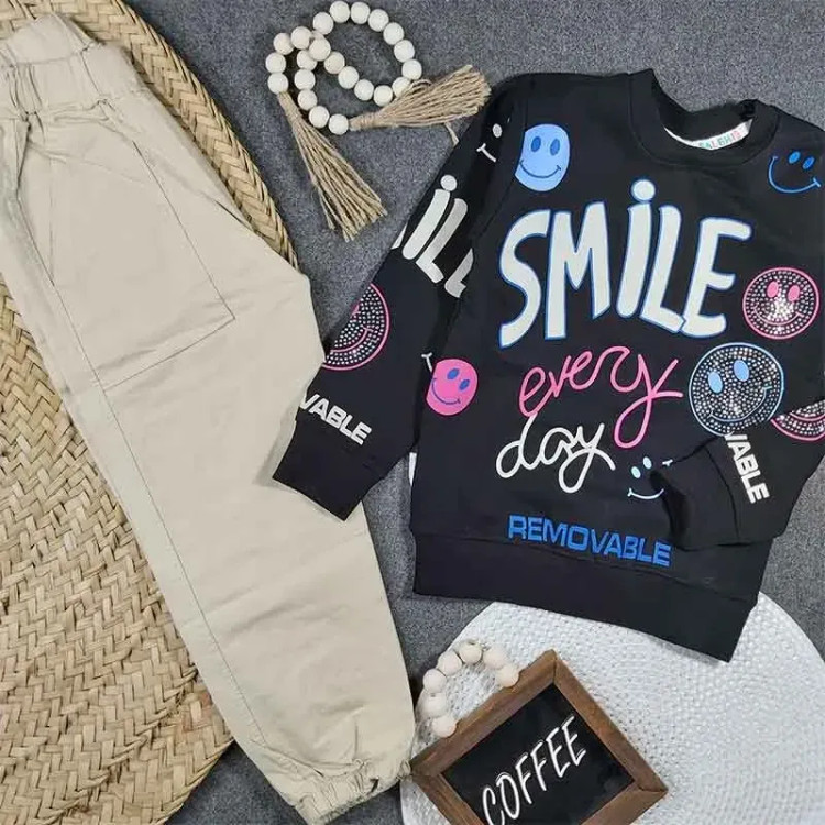 بلوز شلوار دخترانه طرح SMILE جنس پنبه سوپر و کتان کد 9065