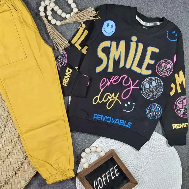 بلوز شلوار دخترانه طرح SMILE جنس پنبه سوپر و کتان کد 9065