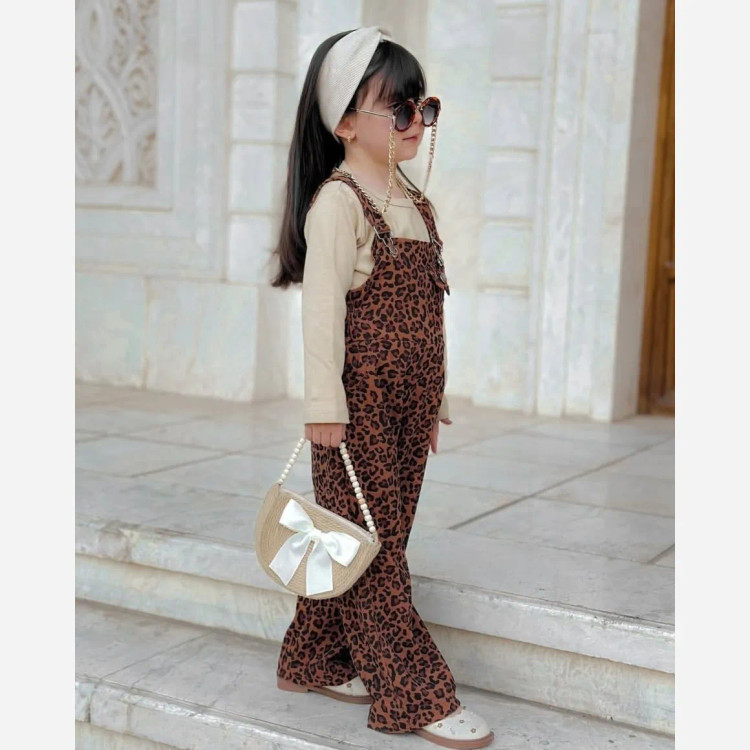 ست بلوز و بیلر مخمل کبریتی طرح پلنگی دخترانه مناسب 3 تا 8 سال