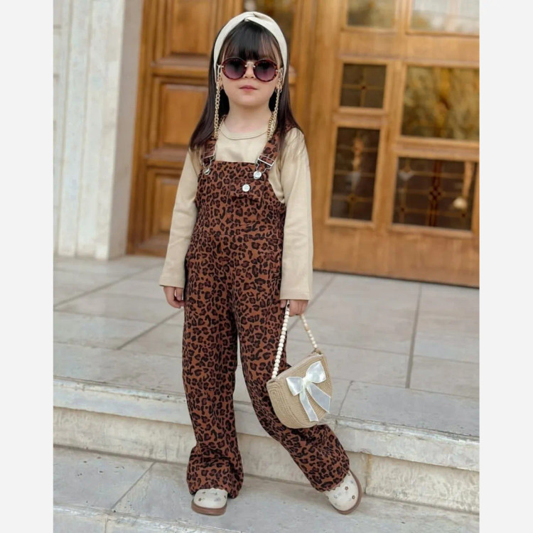 ست بلوز و بیلر مخمل کبریتی طرح پلنگی دخترانه مناسب 3 تا 8 سال