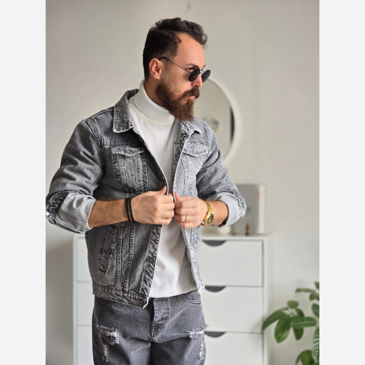 کت جین مردانه پارچه ترک رنگ طوسی تمام کش و قواره دار سایز M تا XXL