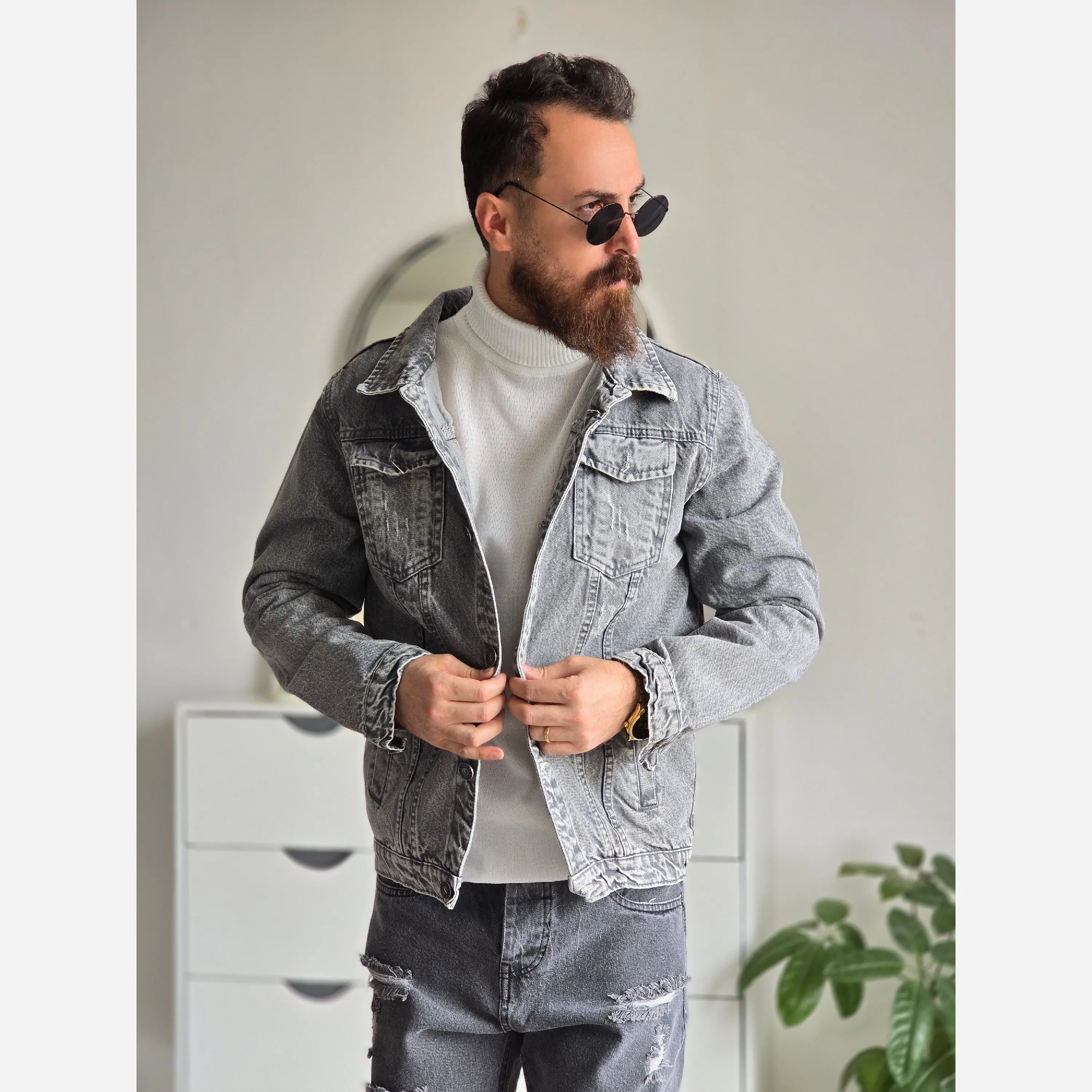 کت جین مردانه پارچه ترک رنگ طوسی تمام کش و قواره دار سایز M تا XXL
