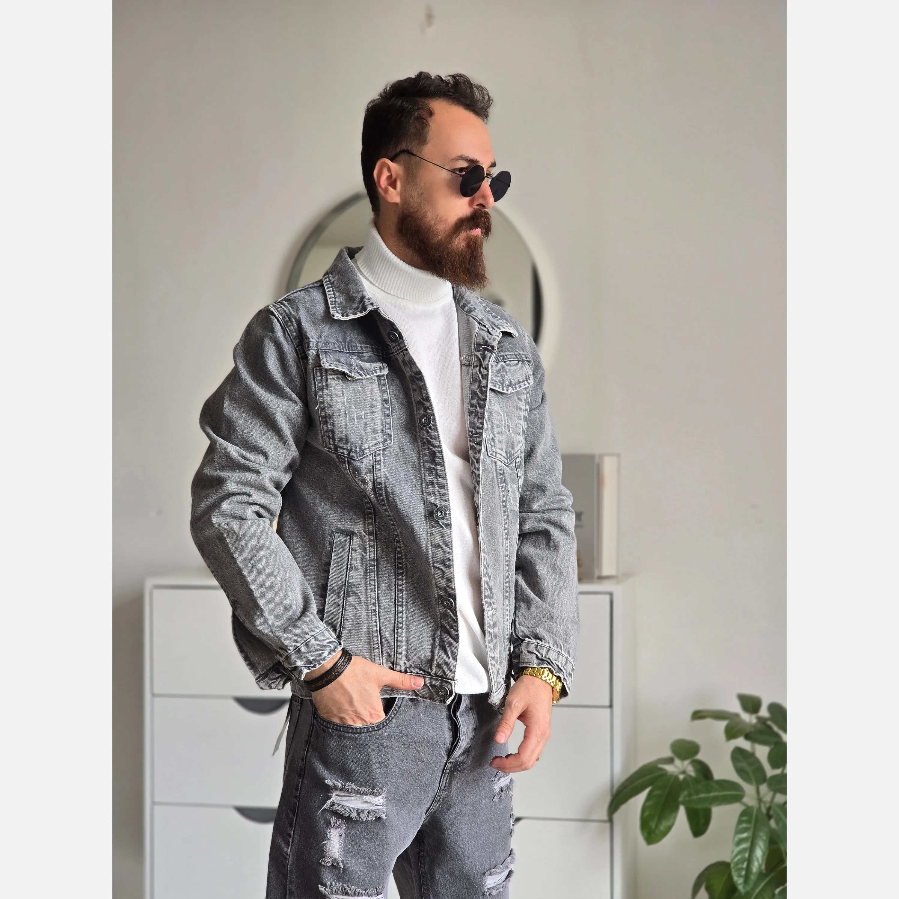 کت جین مردانه پارچه ترک رنگ طوسی تمام کش و قواره دار سایز M تا XXL