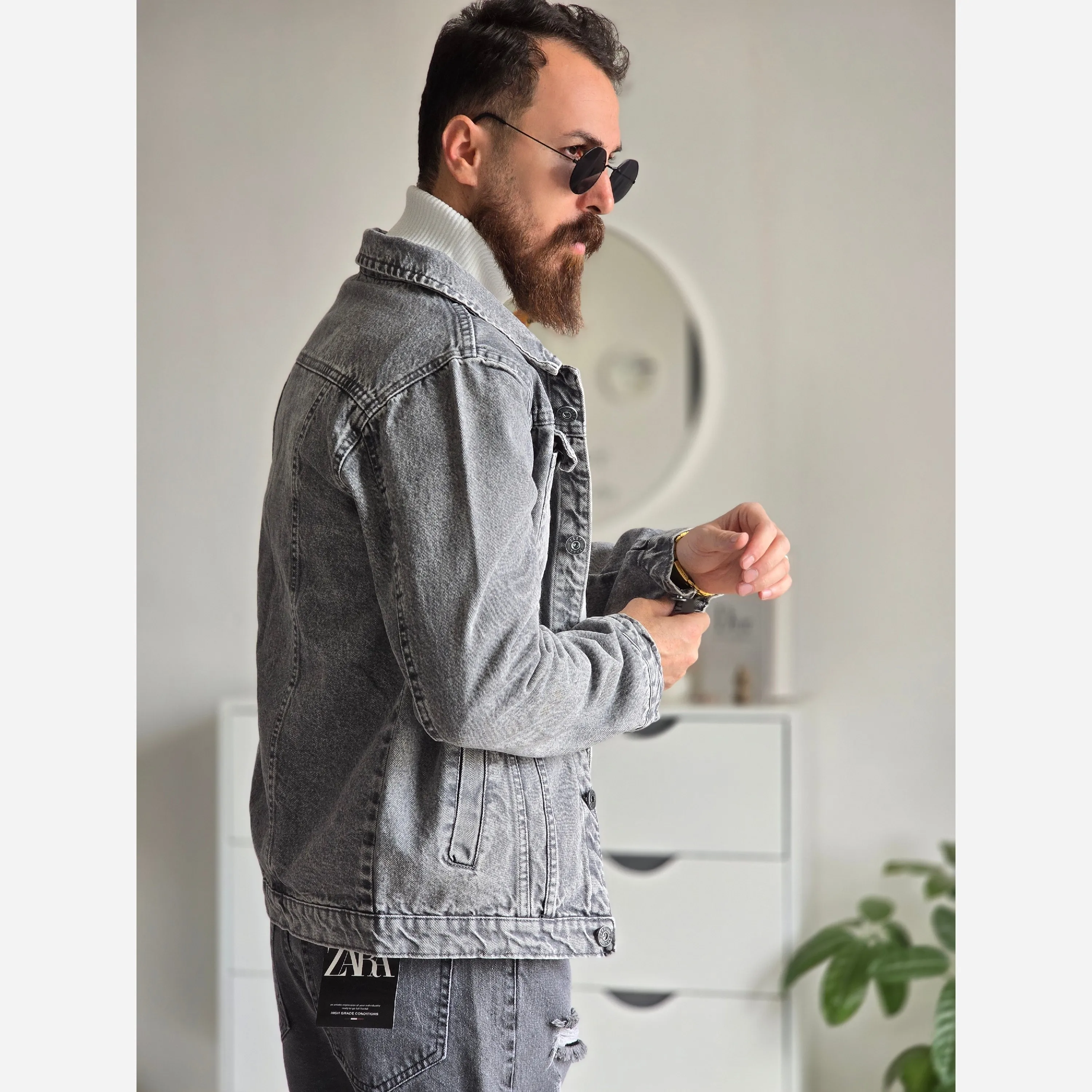 کت جین مردانه پارچه ترک رنگ طوسی تمام کش و قواره دار سایز M تا XXL