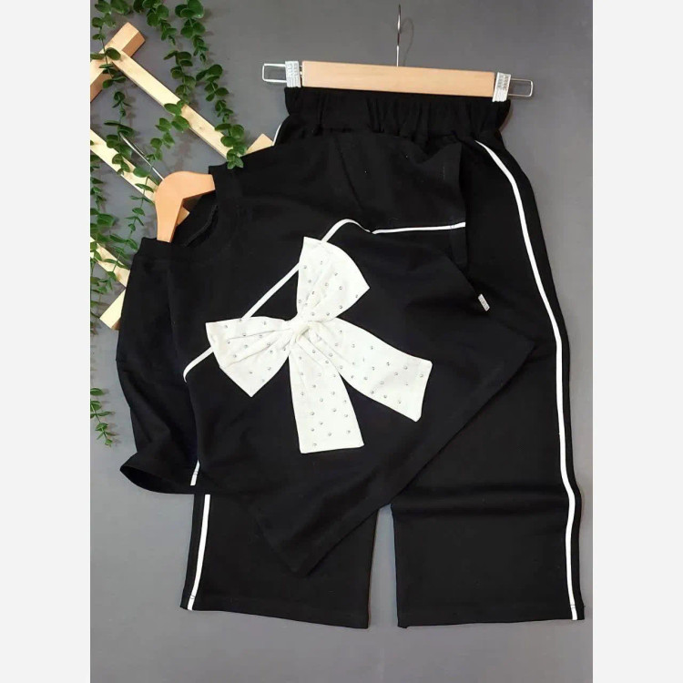 ست تیشرت و شلوار دخترانه طرح پاپیون جنس پنبه و گلکسی رنگ مشکی