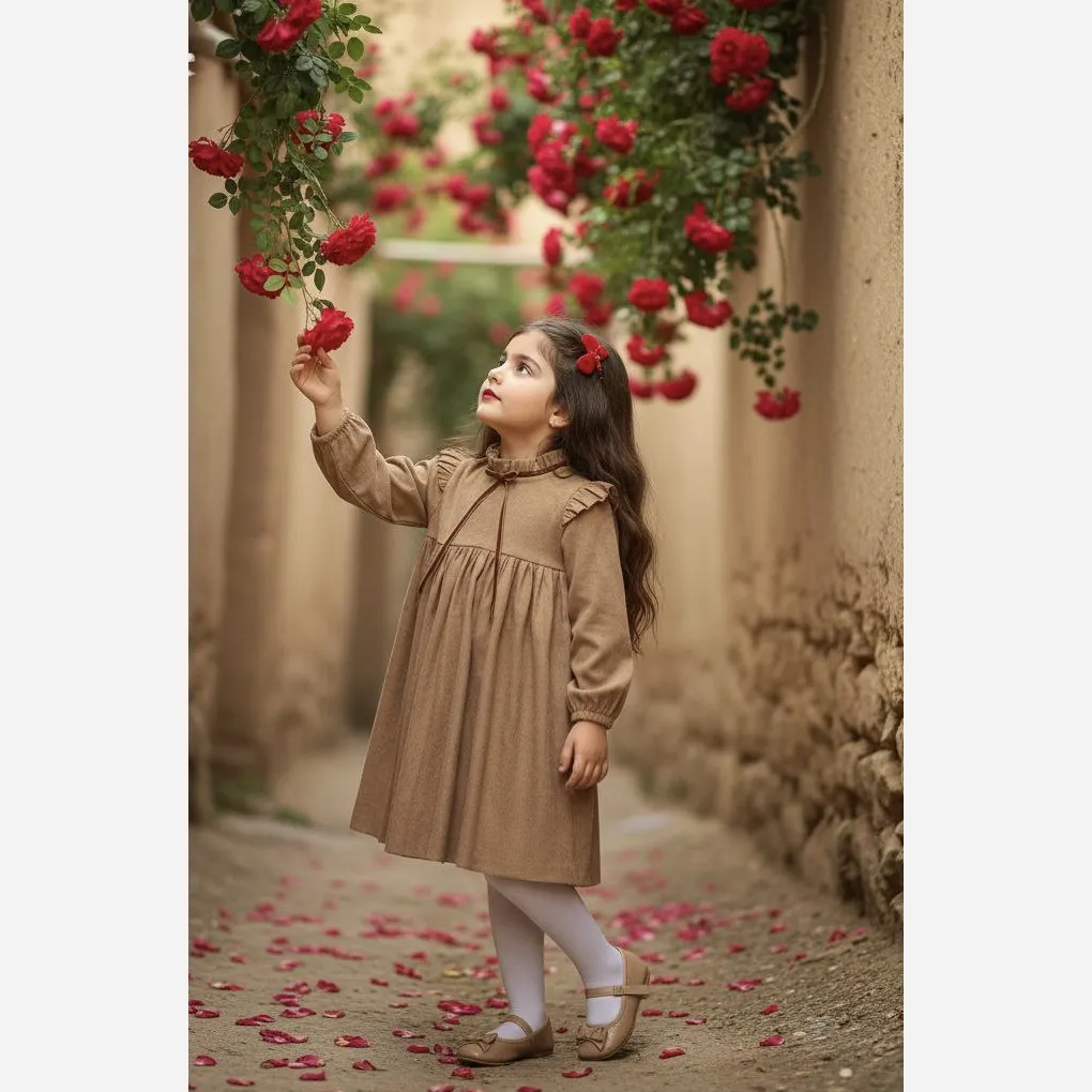 پیراهن دخترانه مخمل کبریتی یلدایی قرمز و کرم مناسب 4 تا 12 سال