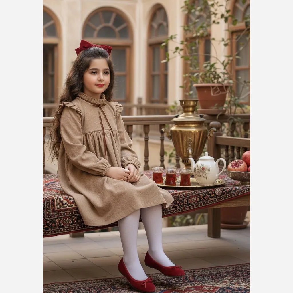 پیراهن دخترانه مخمل کبریتی یلدایی قرمز و کرم مناسب 4 تا 12 سال