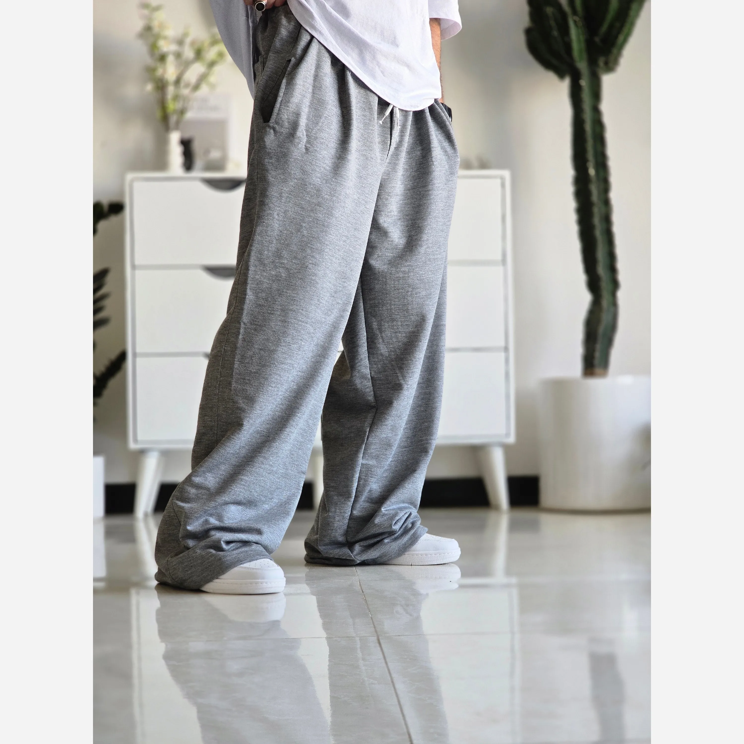 شلوار اسلش مردانه و زنانه فول بگ پارچه ملانژ طوسی سایز بزرگ XXL و XXXL