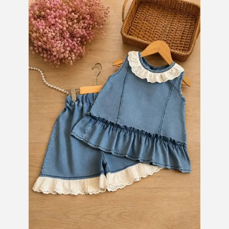 ست تاپ و شلوارک جین دخترانه مناسب 2 تا 7 سال