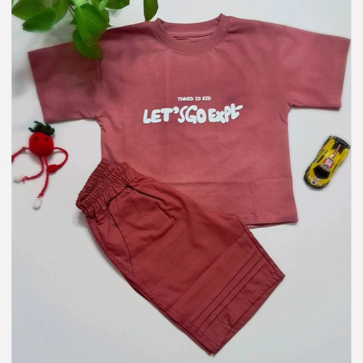 ست تیشرت و شلوارک اسپرت پسرانه و دخترانه مدل let's go جنس پنبه یک رو