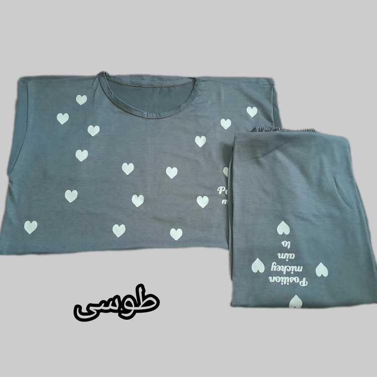 ست تیشرت و شلوار دخترانه طرح قلبی جنس نخ ویسکوز سایز 38 تا 48