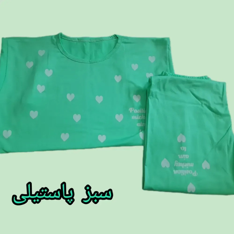 ست تیشرت و شلوار زنانه طرح قلبی جنس نخ ویسکوز مناسب سایز 38 تا 48