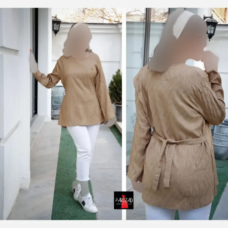 تونیک بهاره نخی کمربندی طرح موجی مناسب سایز 40 تا 46
