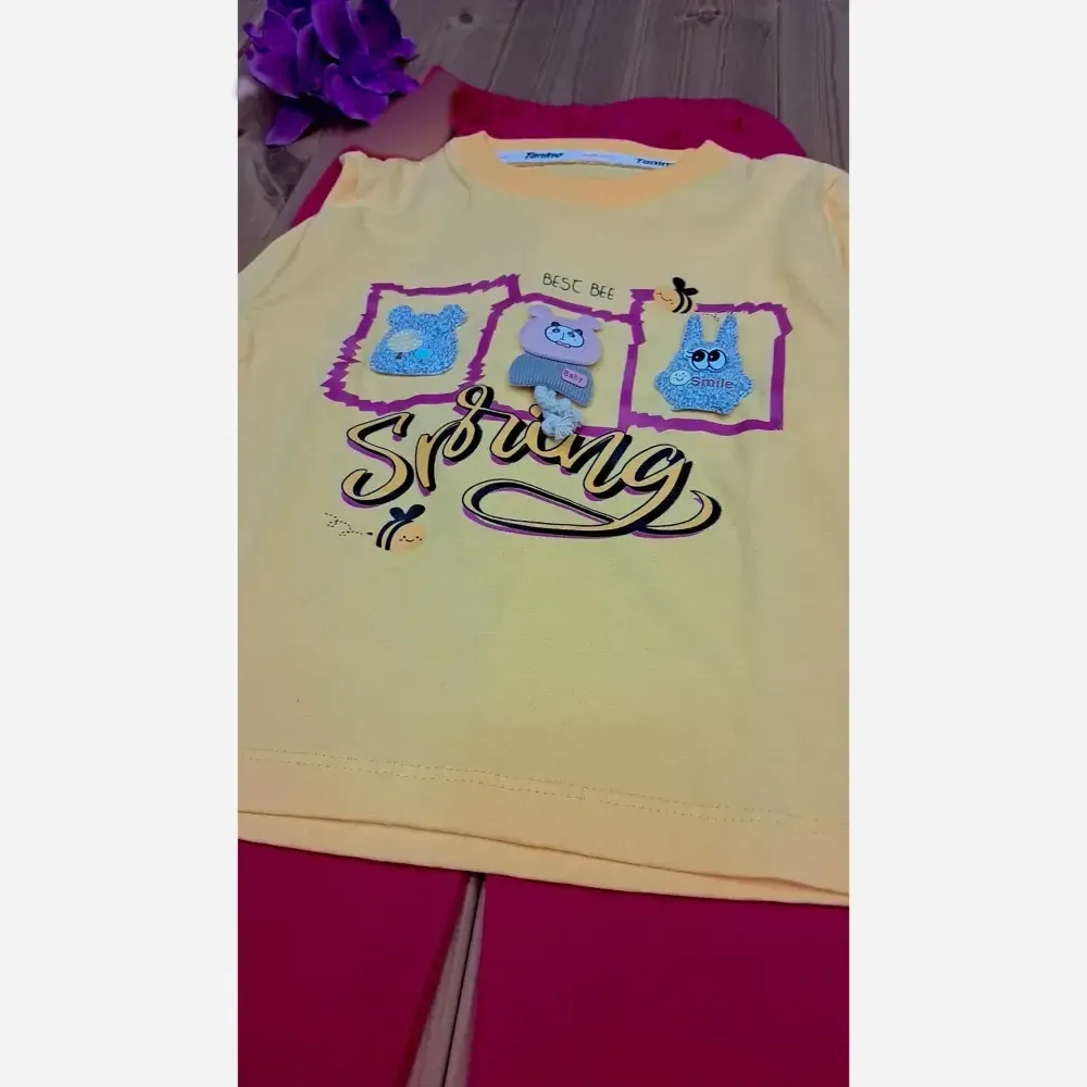 ست بلوز پنبه یک رو و شلوار لینن دخترانه طرح عروسکی