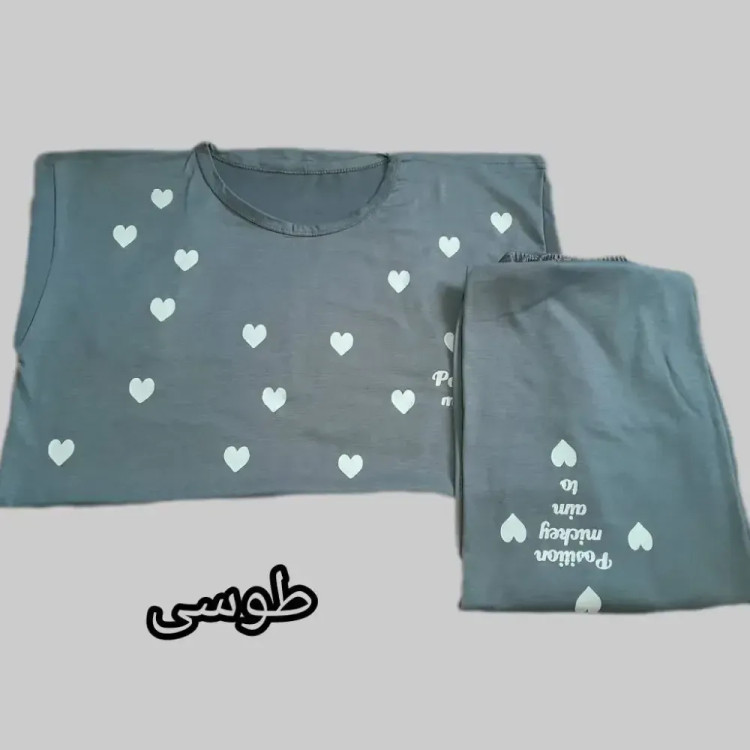 ست تیشرت و شلوار زنانه راحتی طرح قلب جنس نخ ویسکوز فول کش سایز 38 تا 48
