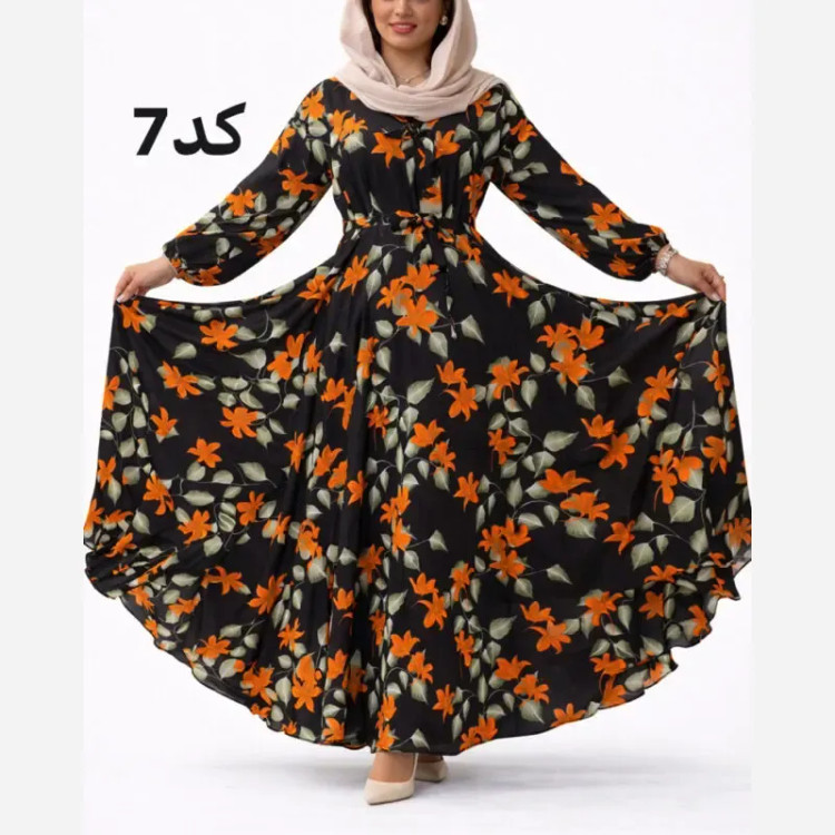 پیراهن نخی کلوش طرح دار زنانه قد 130 سانتی متر