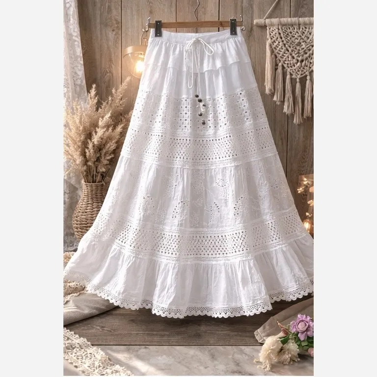 دامن هندی مکرومه بافی نخی خنک و سبک مناسب سایز 38 تا 50