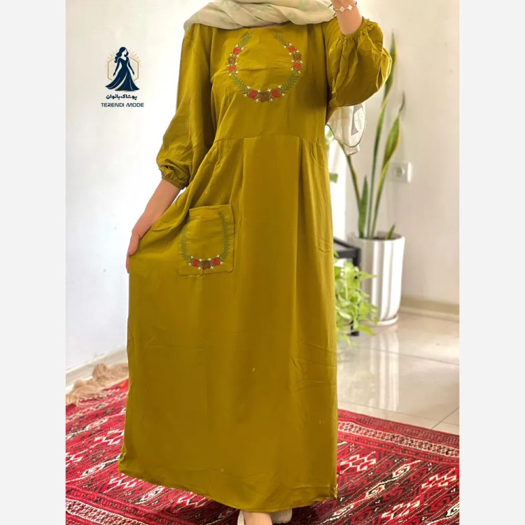 ساحلی گلدوزی تک جیب زنانه جنس نخ ململ رنگ زیتون خنک تابستانه