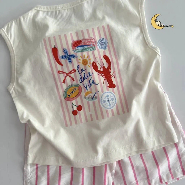 تاپ و شلوارک نخی دخترانه و پسرانه طرح راه راه تابستانی سایز 2 تا 6 سال