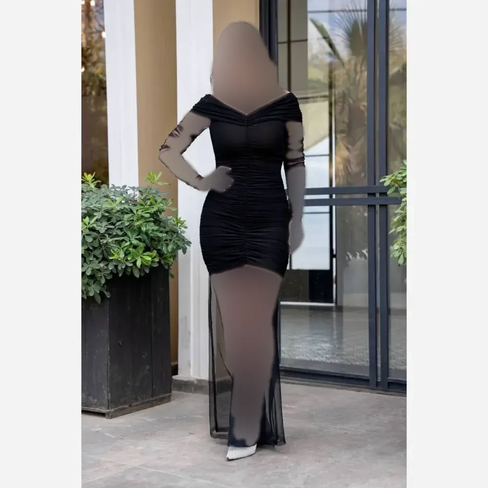 پیراهن مجلسی مشکی زنانه جنس فلامنت و تور قد 150 سایز 36 تا 46