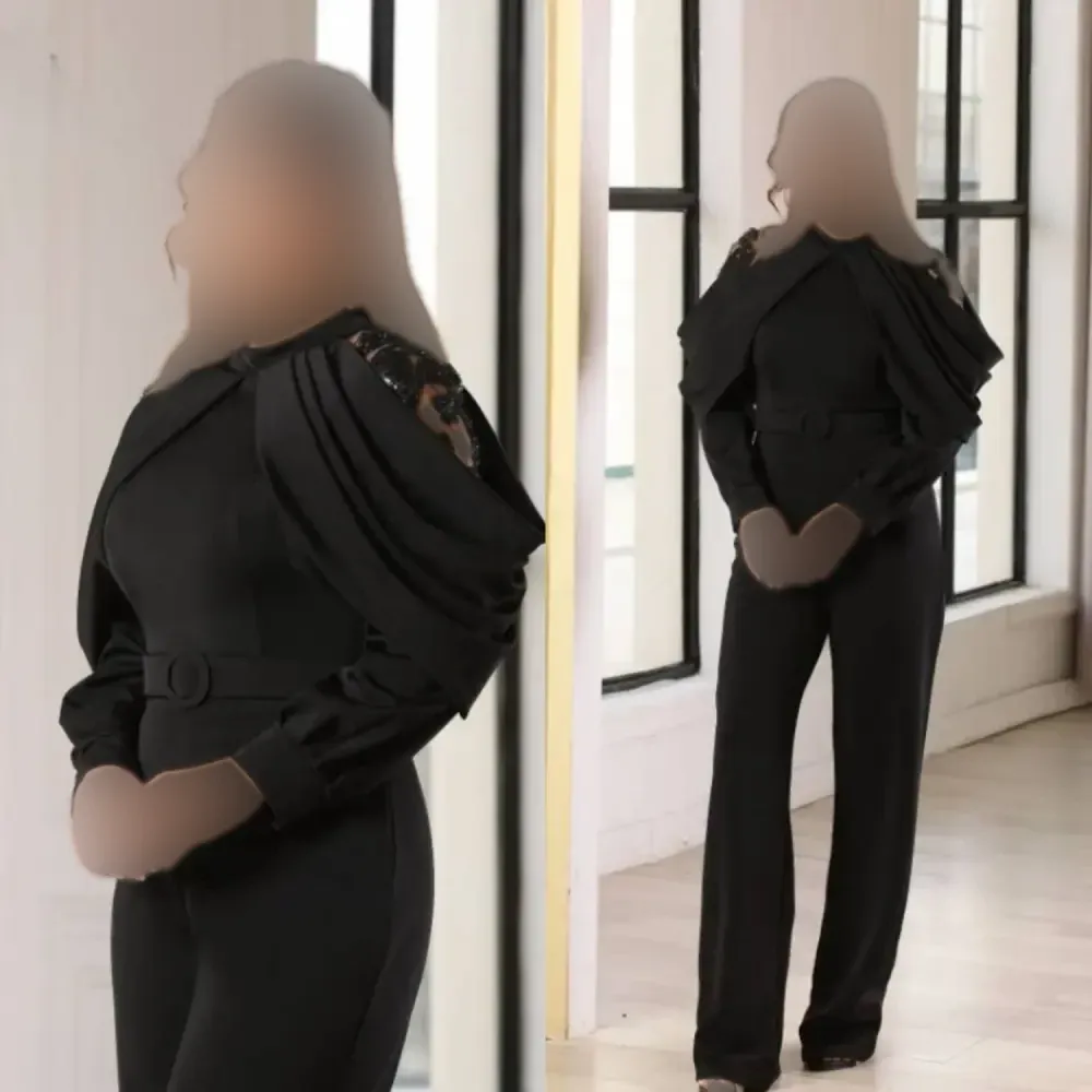 سرهمی زنانه جنس غواصی و فلوک چمنی رنگ مشکی مدل کمربنددار