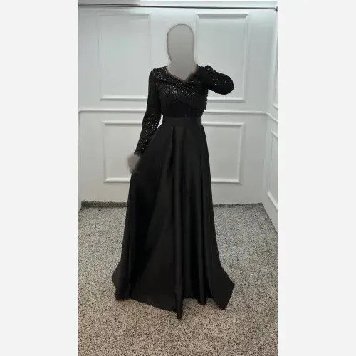 ماکسی زنانه پولک زارا و ساتن آمریکایی رنگ مشکی قد 155 کمربنددار