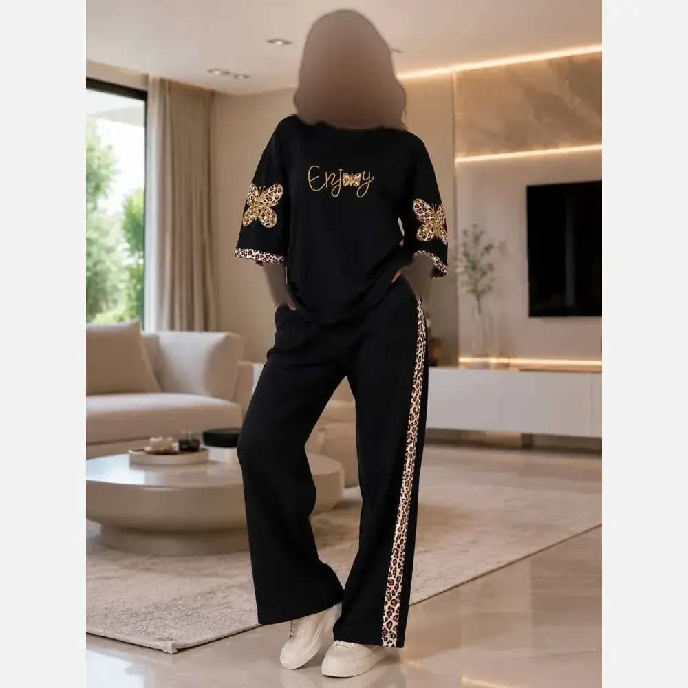 ست زنانه پنبه دورس مشکی طرح پاپیون سایز 38 تا 46