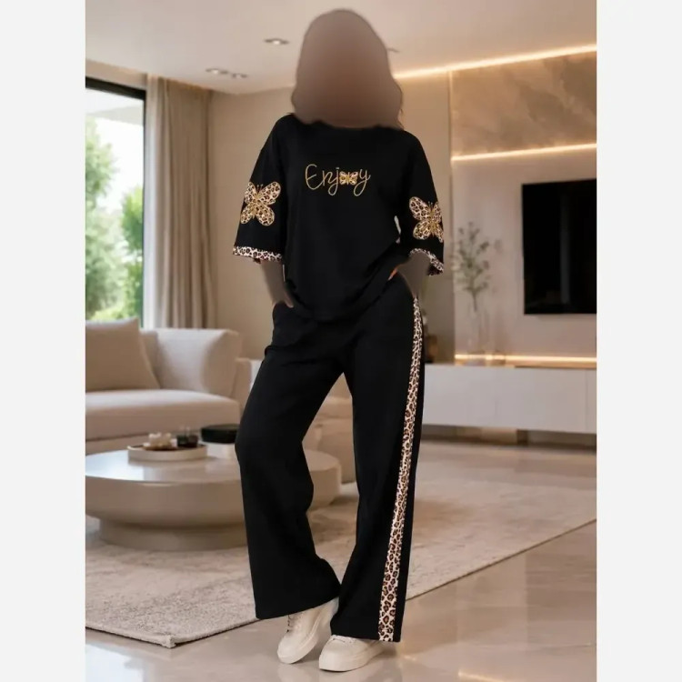 ست زنانه پنبه دورس مشکی طرح پاپیون سایز 38 تا 46