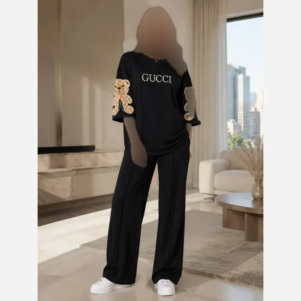 ست زنانه دورس پنبه طرح خرس رنگ مشکی سایز 38 تا 46