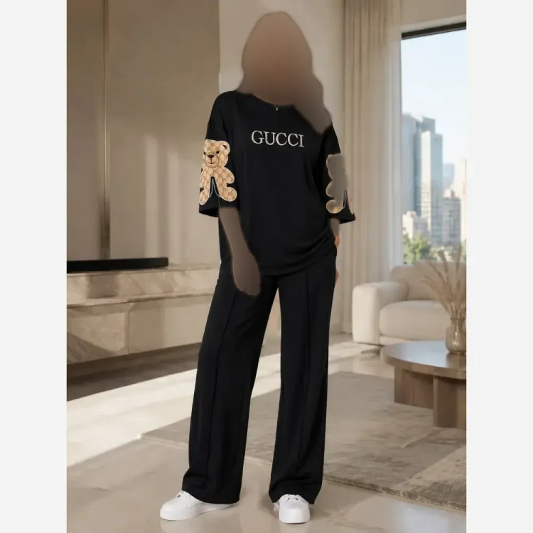 ست زنانه دورس پنبه طرح خرس رنگ مشکی سایز 38 تا 46