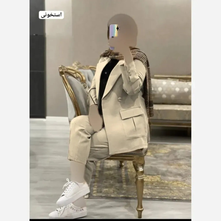 ست مانتو و شلوار مازراتی زنانه مدل غزل رنگ استخونی فری سایز