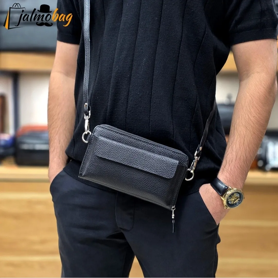کیف دستی و دوشی چرم طبیعی ظفر دارای بند مچی و بند بلند قابل تنظیم