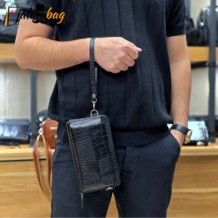 کیف دستی و دوشی چرم طبیعی ظفر دارای بند مچی و بند بلند قابل تنظیم
